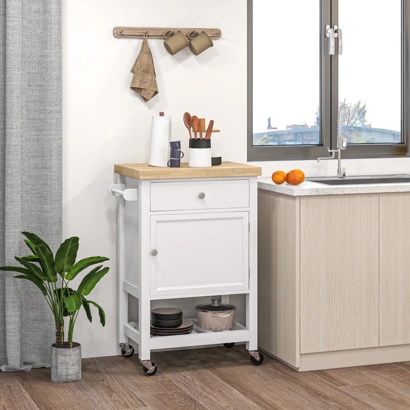 HOMCOM Kitchen Island on Wheels, Rolling Kitchen Cart with Rubberwood Top, Drawer, Wine Rack and Cabinet, White