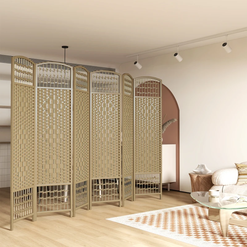 HOMCOM 6 Panel Folding Room Divider, Portable Privacy Screen, Wave Fiber Room Partition for Home Office, Natural