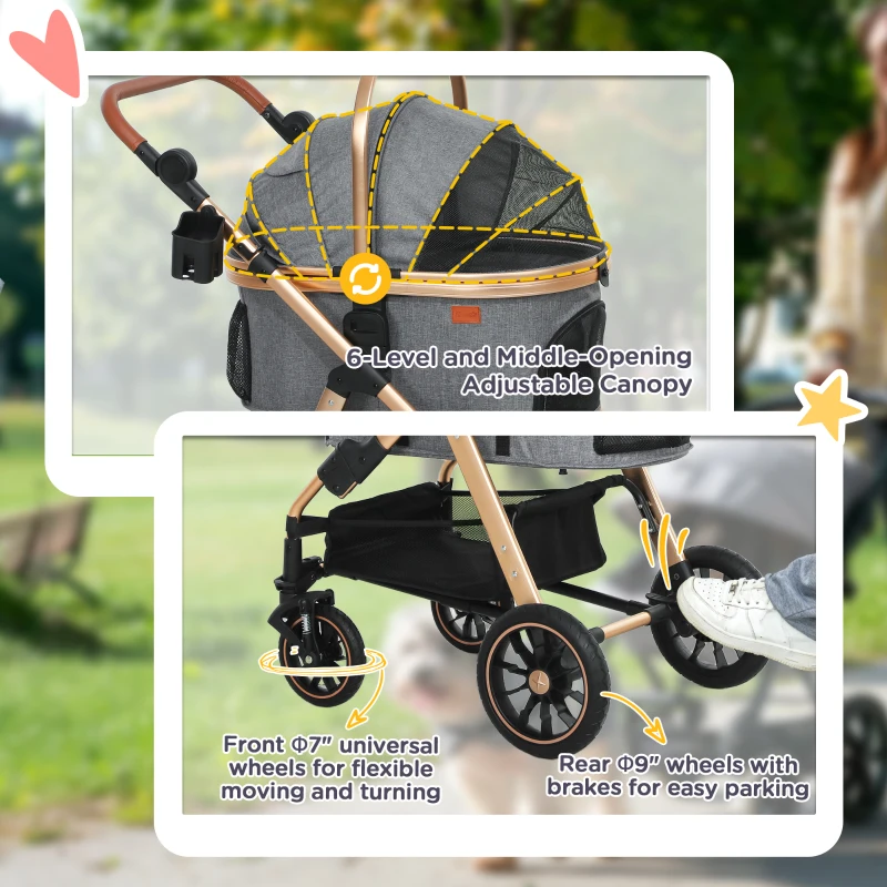 PawHut 3 in 1 Dog Stroller with Detachable Cabin, 4 Wheel Folding Lightweight Pet Stroller for Small Dogs, Gray