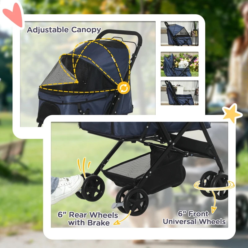PawHut 4 Wheels Pet Stroller with Reversible Handle, Foldable Cat Dog Travel Carriage with EVA Wheel Brake, 3-stage Canopy, Mesh Window Door, Dark Blue