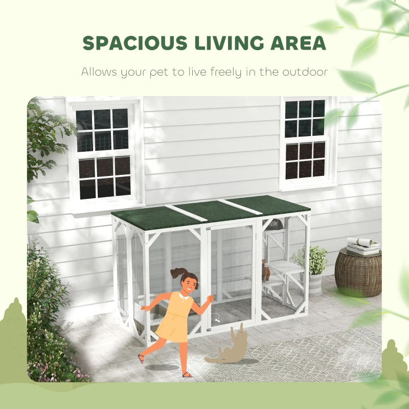 PawHut Catio Outdoor Cat Enclosure with Waterproof Roof, Multi-Level Platforms, Lock, White