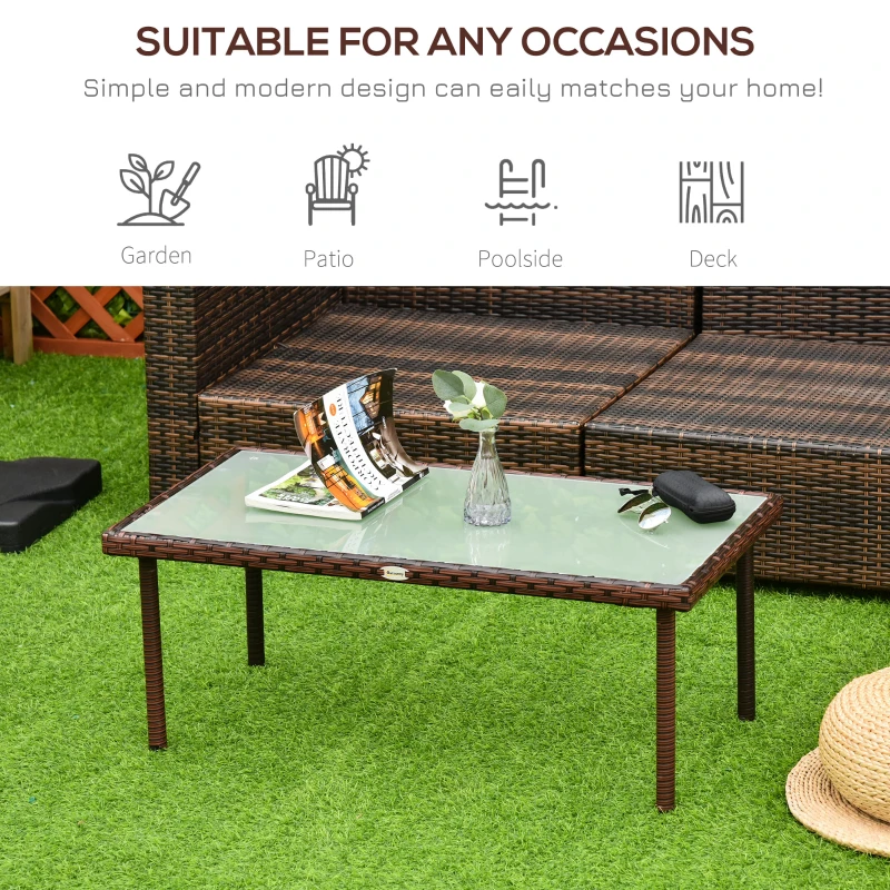 Outsunny Patio Wicker Dining Table, Outdoor Rattan Coffee Table with Glass Top for Garden, Patio, or Backyard, Brown