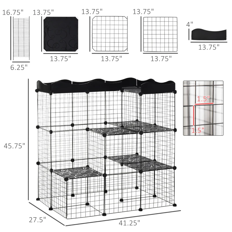 PawHut 34 Panels Pet Playpen, Small Animal Playpen with Doors, Ferret Cage, Portable Metal Wire Yard for Kittens, 41" x 27.5" x 46"