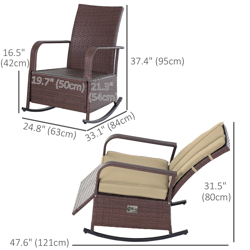 Outsunny Outdoor Wicker Rocking Chair Patio PE Rattan Recliner Chair with Cushion, Adjustable Footrest, Armrests, Khaki