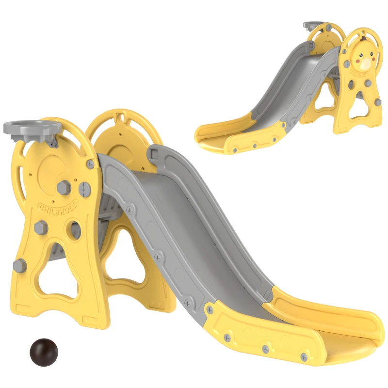 Qaba 3 in 1 Toddler Slide with Basketball Hoop, Climber, Duck Pattern for Kids 1-3 Years, Yellow