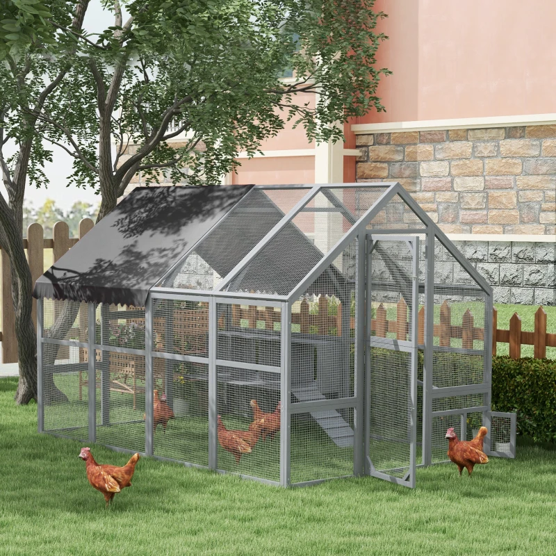 PawHut 9.2' x 6.1' Large Chicken Coop with Nesting Box, Water-Resistant and Anti-UV Cover for 8-12 Chickens, Gray
