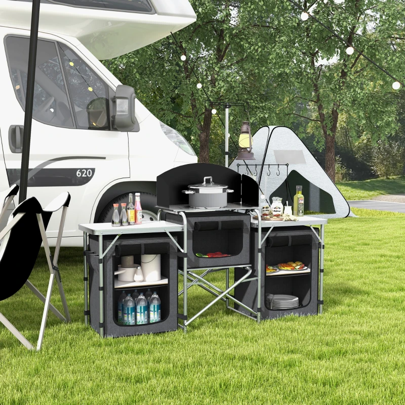Outsunny Aluminum Camping Kitchen, Portable Folding Camping Table with Fabric Cupboards, Windshield, Bag for BBQ, Picnic, Black