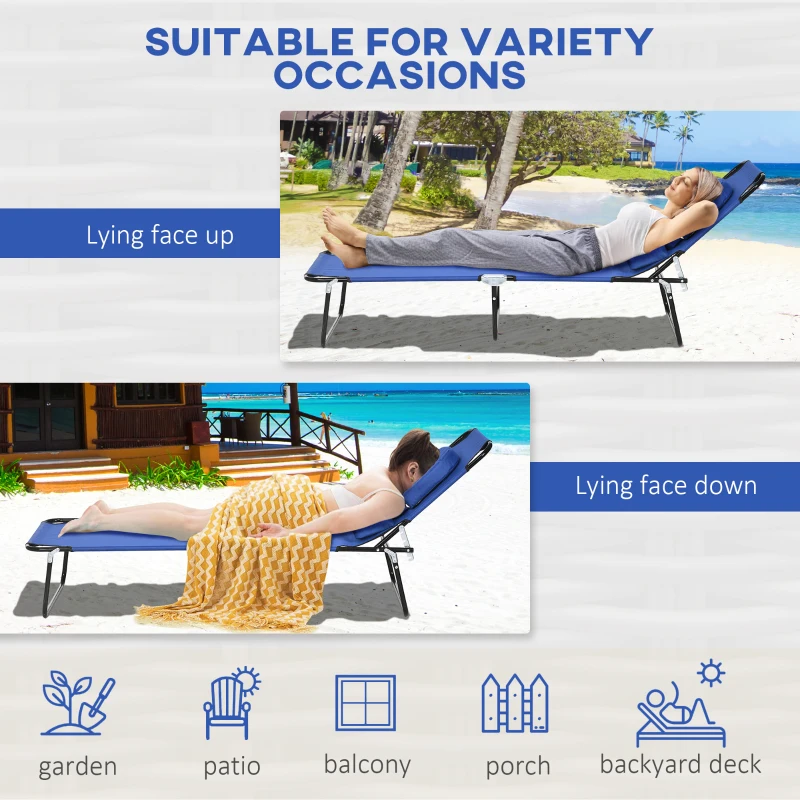 Outsunny 2PCS Adjustable Outdoor Lounge Chair, Garden Folding Chaise Lounge with Face Hole Reclining Tanning Chair Seat, Folding Camping Beach Lounging Bed w/ Head Support Blue