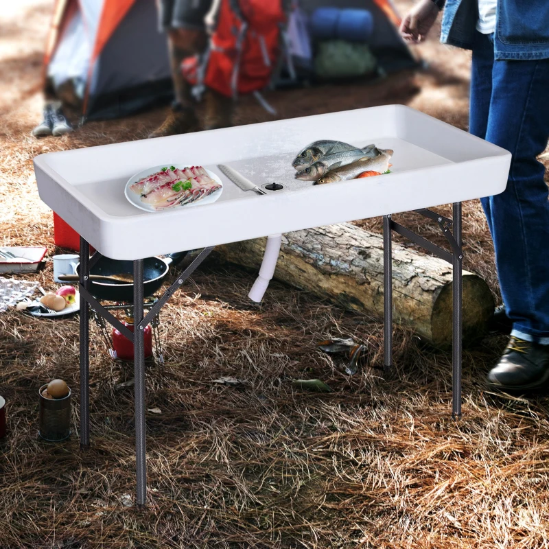 Outsunny 4ft Folding Picnic Table, Fish Fillet Cleaning Table, Camping Party Desk with Sink, White