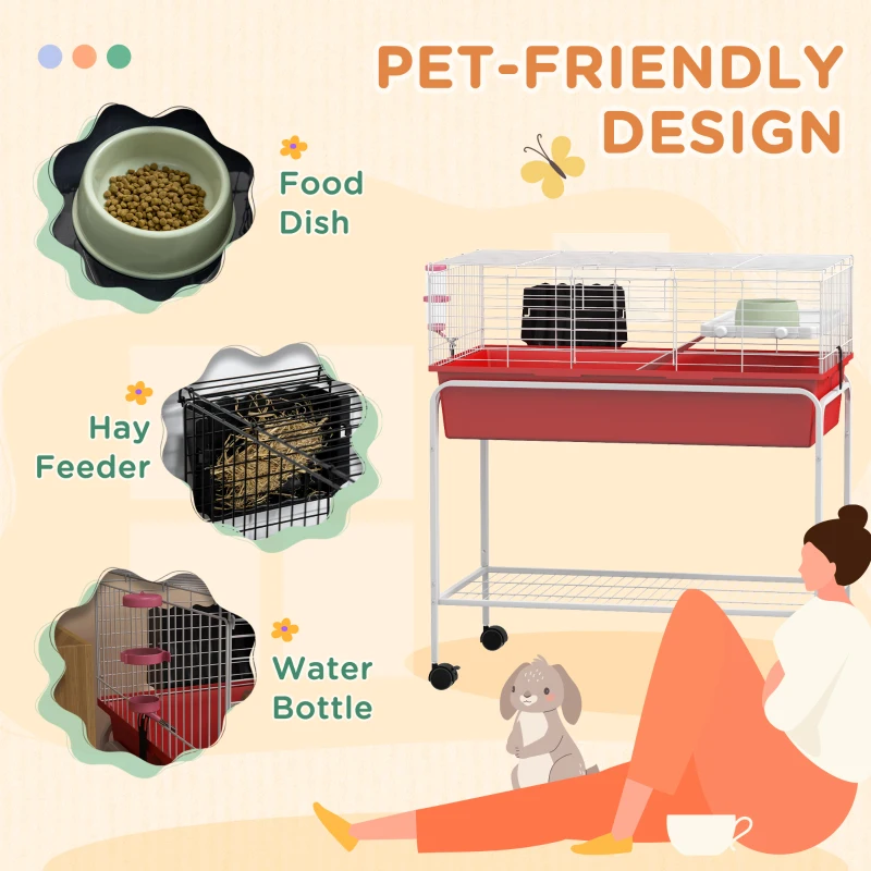 PawHut Two-Story Small Animal Cage Removable from Stand, Pet Habitat with Shelf & Wheels, 33" x 18.5" x 35", Red