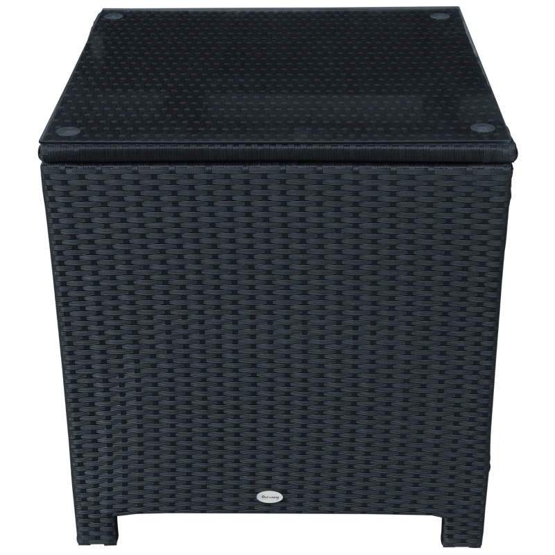 Outsunny Rattan Side Table Wicker Coffee Table with Glass Top Outdoor Patio Furniture For Patio Poolside Garden Lawn, Black