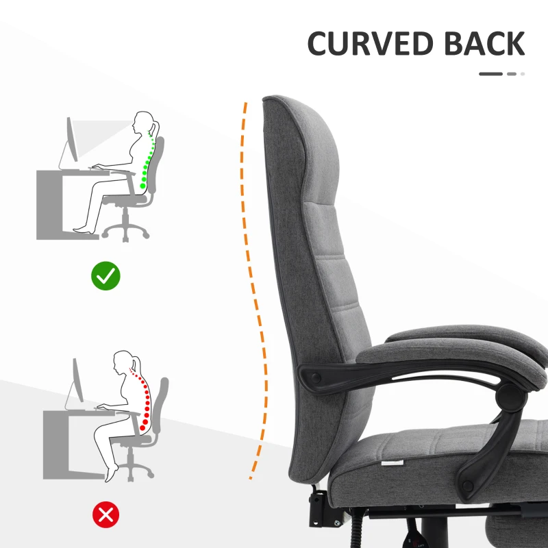 Vinsetto Computer Desk Chair, High-Back Office Chair, Reclining Chair with Adjustable Height, Footrest and Swivel Wheels, Grey