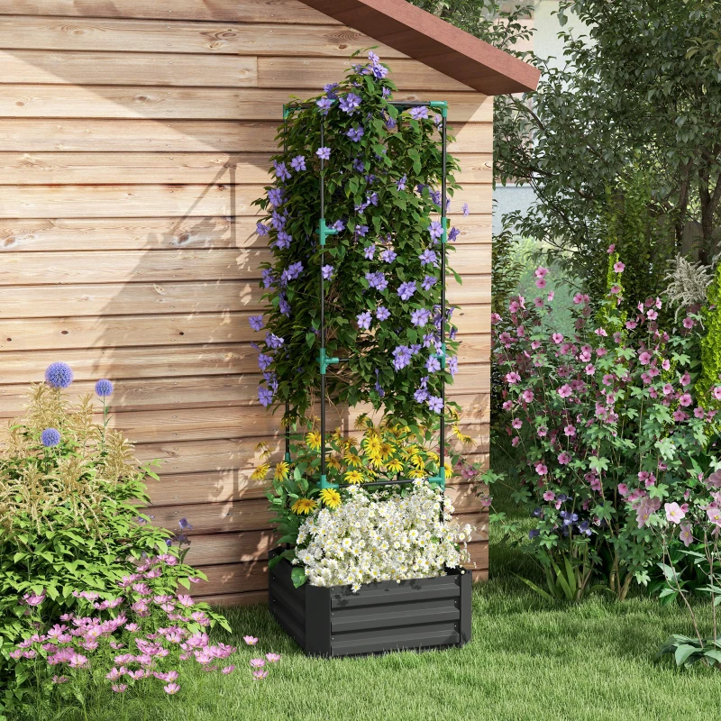 Outsunny Galvanized Planter Box, 24" x 24" x 73.5" Raised Garden Bed with Tomato Cage for Climbing Vines, Dark Gray