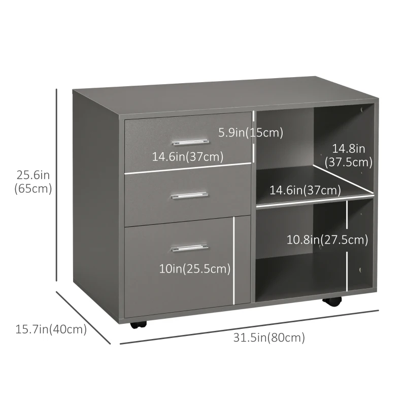 HOMCOM Modern Lateral Filing Cabinet, 3 Drawer File Cabinet for Letter and A4 Size Documents, Mobile, Printer Stand with Open Shelves, Rolling Wheels, Grey