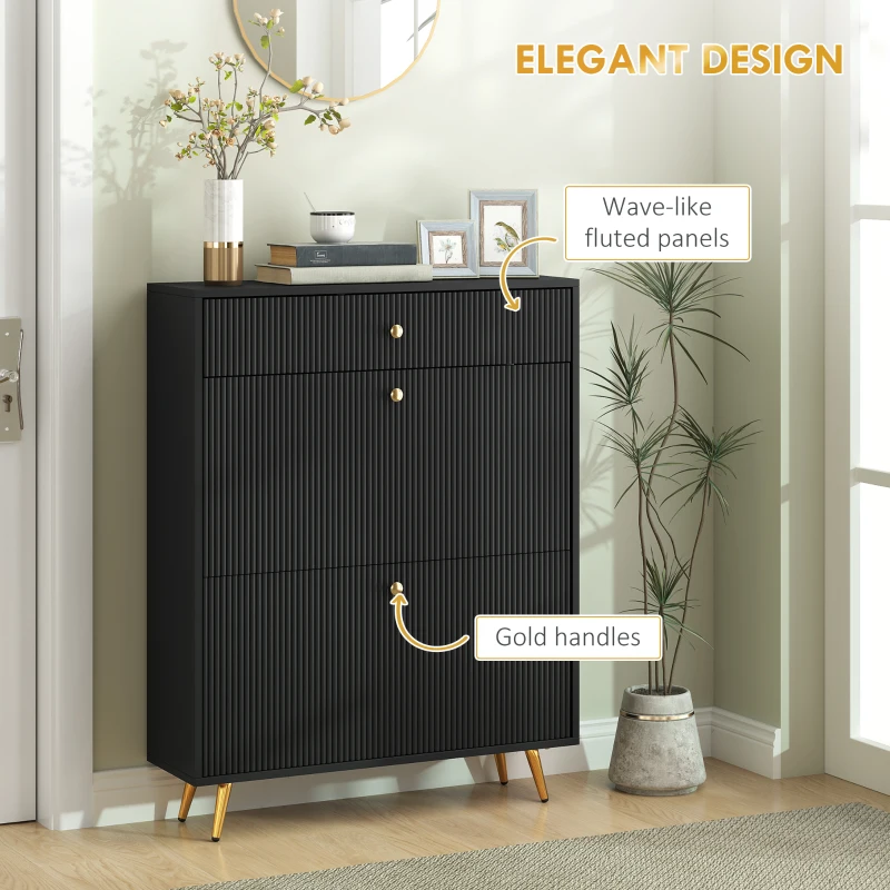 HOMCOM Narrow Shoe Storage Cabinet with Wave-like Panels and Adjustable Shelves for 12 Pairs of Shoes, Black