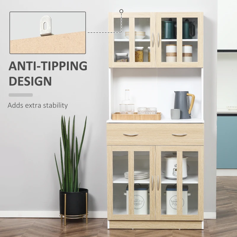 HOMCOM 71" Kitchen Buffet with Hutch, Freestanding Pantry Cupboard with Central Drawer, 2 Glass Door Cabinets and Countertop, White