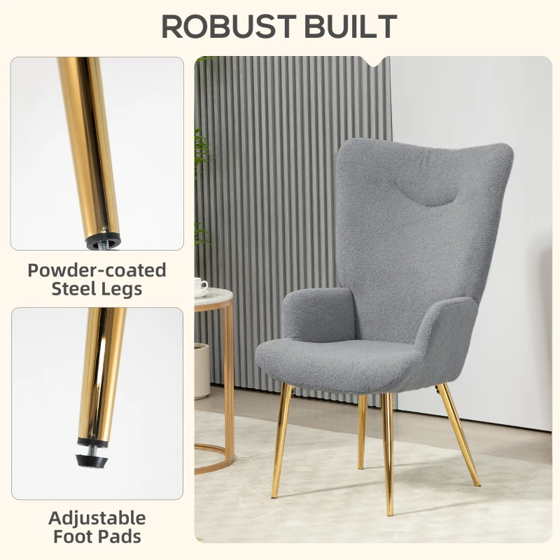 HOMCOM Modern Accent Armchair, Sherpa Boucle Lounge Chair with Metal Legs for Living Room, Bedroom, Grey