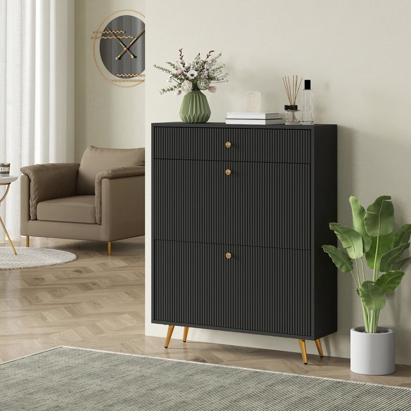 HOMCOM Narrow Shoe Storage Cabinet with Wave-like Panels and Adjustable Shelves for 12 Pairs of Shoes, Black