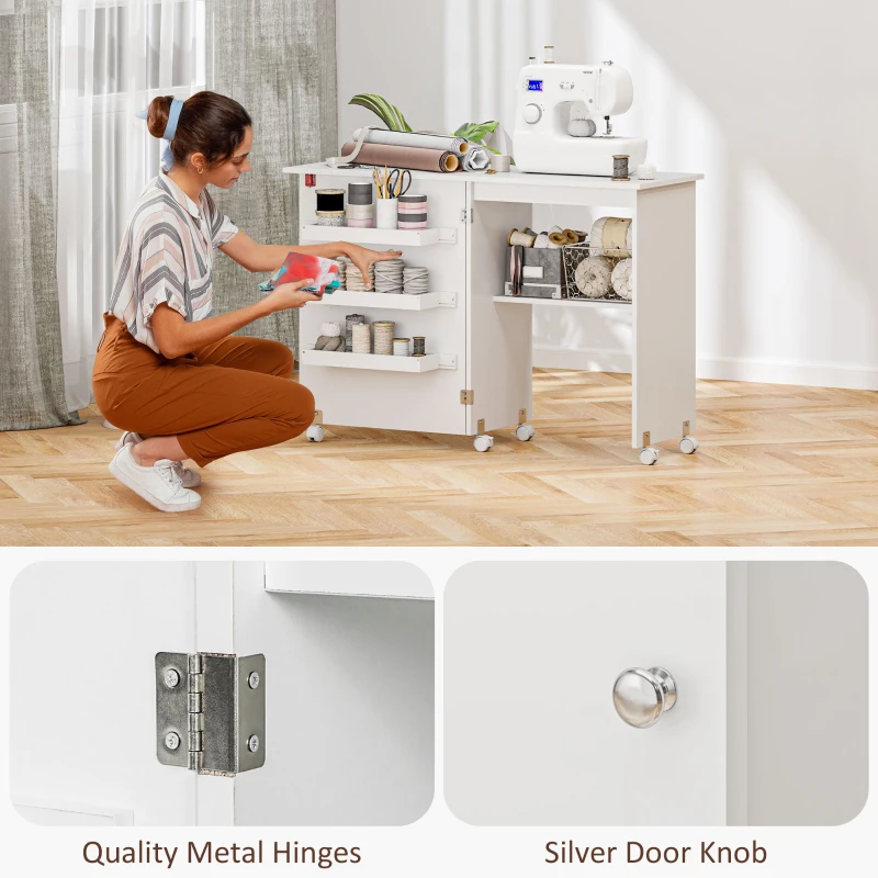 HOMCOM Sewing Machine Cabinet, Folding Sewing Table with Storage Shelf, Bins and Lockable Wheels for Small Space, White