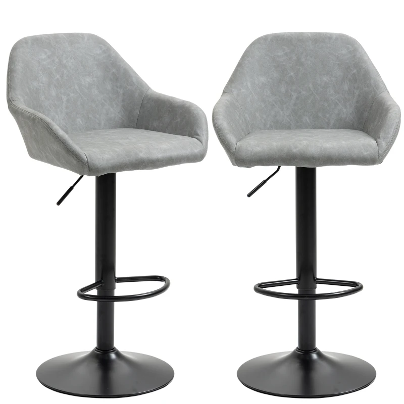 HOMCOM Adjustable Bar Stools, Swivel Counter Height Barstools with Footrest and Back, PU Leather and Steel Round Base, for Kitchen Counter and Dining Room, Set of 2, Grey