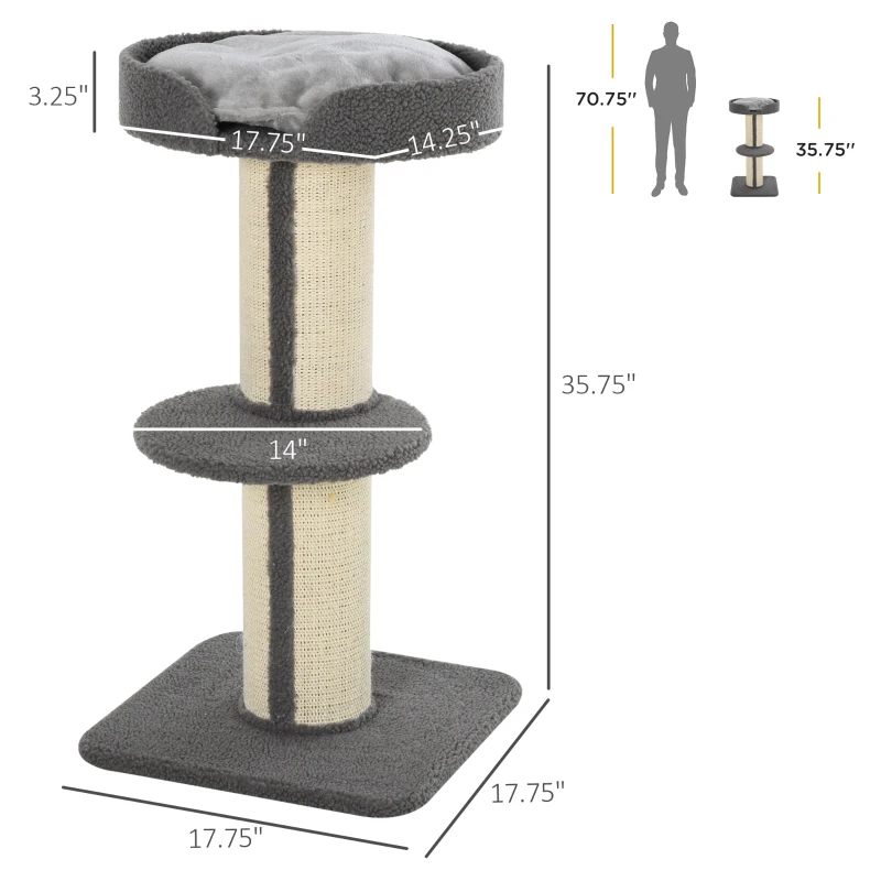 PawHut Cat Tree Kitty Tower with Sisal Mat Scratching Post, Cat Bed, Cushion, Perch, 18" x 18" x 36", Grey