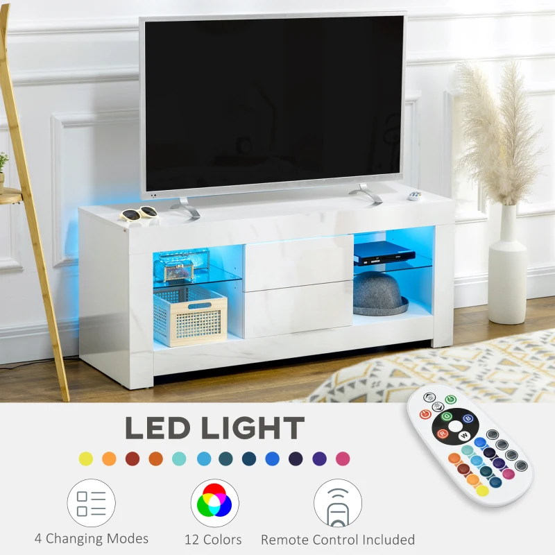 HOMCOM TV Stand with LED Lights for TVs up to 55", TV Cabinet with Storage Shelves and Drawers, 47.2"x15.7"x19.7", White