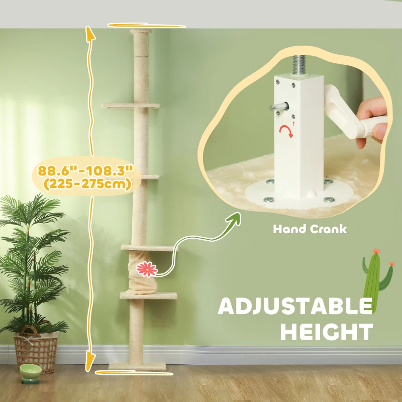 PawHut 89"-108" Floor to Ceiling Cat Tree with Scratching Post, Hand Crank & Anti-tip Kit, Cream White