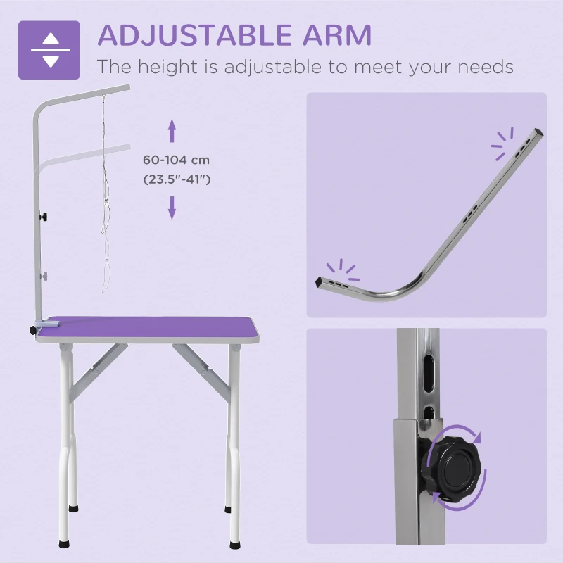 PawHut Foldable Pet Grooming Table for Dogs Cats with Adjustable Arm, Non-slip Surface, Purple