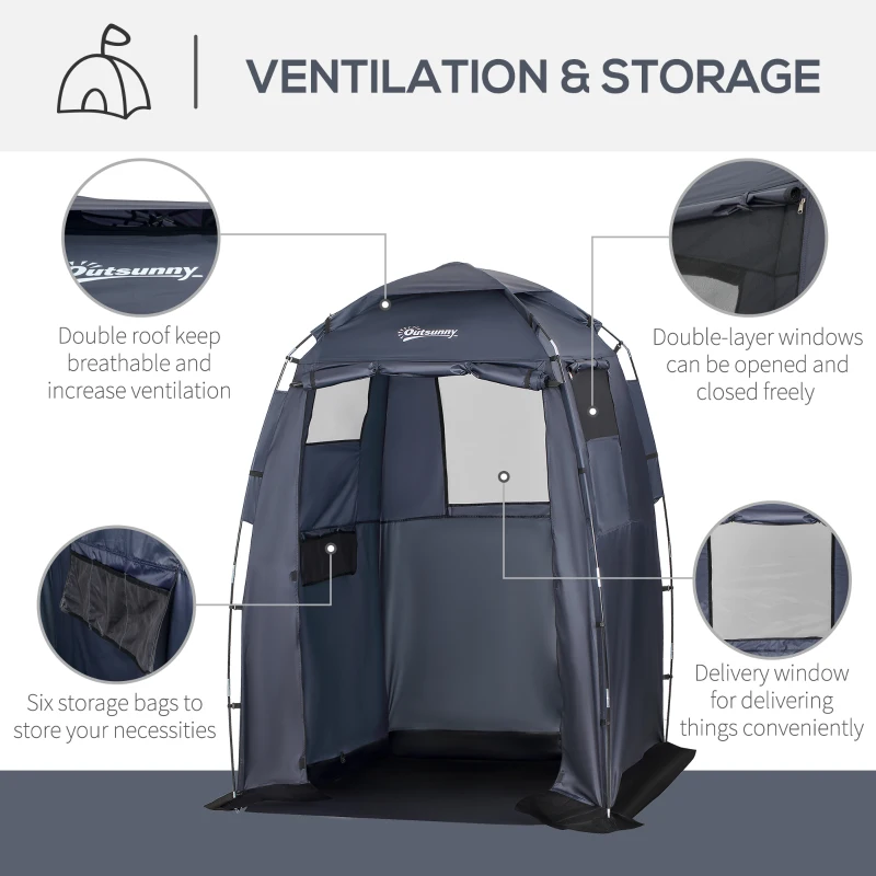 Outsunny 60" x 60" x 82" Shower Tent Extra Wide Changing Room Privacy Portable Camping Shelters with Windows & Floor Mat, Dark Blue