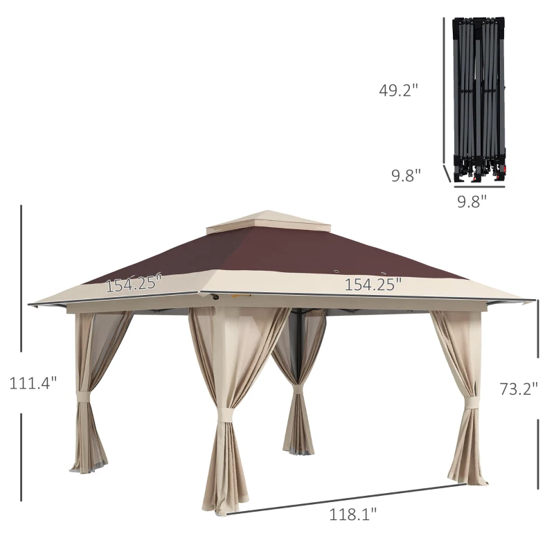 Outsunny 13' x 13' Pop Up Gazebo Instant Canopy Tent Shelter with 2-Tier Roof, Carry Bag, Wight Bags for Outdoor, Garden, Brown