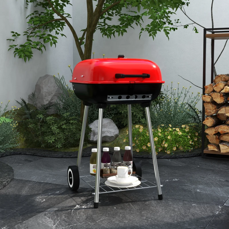 Outsunny 18" Portable BBQ Grill Charcoal Grill with Wheels Bottom Shelf and Adjustable Vents for Picnic, Camping, Backyard, Red