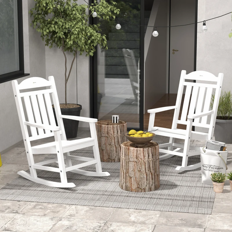 Outsunny 2PCs Outdoor Rocking Chair with Armrests, Fade-Resistant Waterproof HDPE for Indoor & Outdoor, White