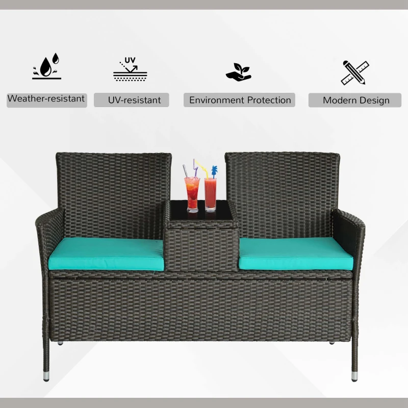 Outsunny Outdoor Patio Loveseat Conversation Furniture Set, Cushions & Built-in Coffee Table, Small 2-in-1 2 Person Seating for Front Porch, Balcony, Blue