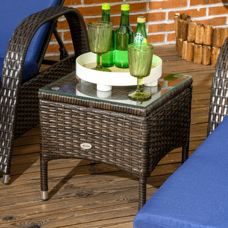 Outsunny Patio Rattan Lounge Set, Wheeled Wicker Chaise Lounge Chair and Table with Tempered Glass Top, Dark Blue