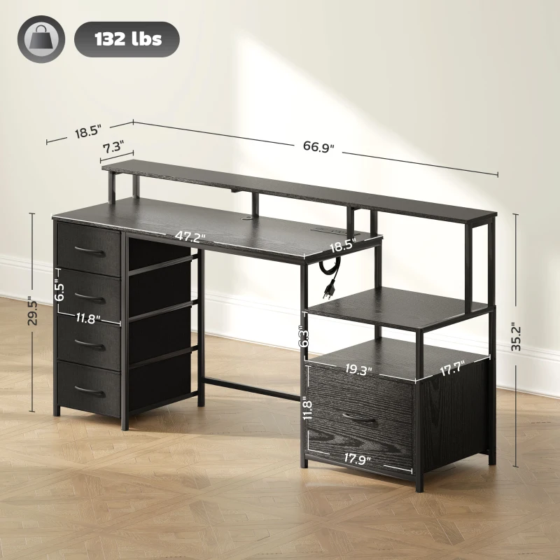 HOMCOM Computer Desk with Power Outlets and LED Lights, 67" Computer Table with File Cabinet and Fabric Drawers, Black