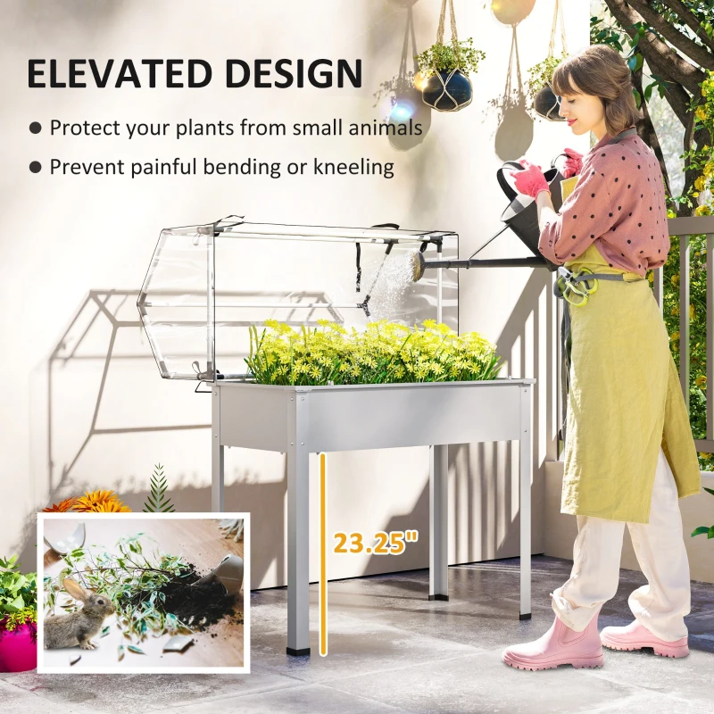 Outsunny Elevated Garden Box with Greenhouse Cover, Raised Garden Bed with Legs and Drainage Hole for Vegetables, White