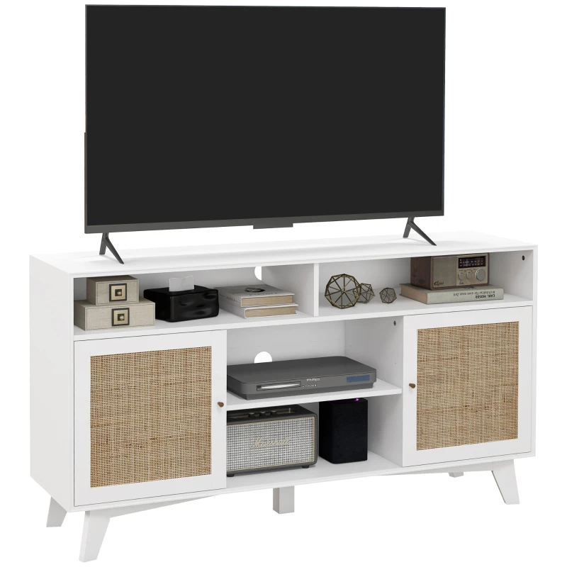 HOMCOM TV Stand Cabinet for 65-Inch, TV Table with 2 Rattan Doors, Television Stand with Adjustable Shelves, 4 Open Shelves
