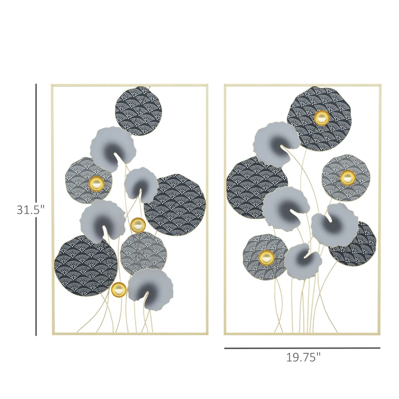 HOMCOM 3D Metal Wall Art Set of 2 Modern Lotus Leaves Hanging Wall Sculpture Home Decor for Living Room Bedroom Kitchen 20"x32"x2, Gray and Gold