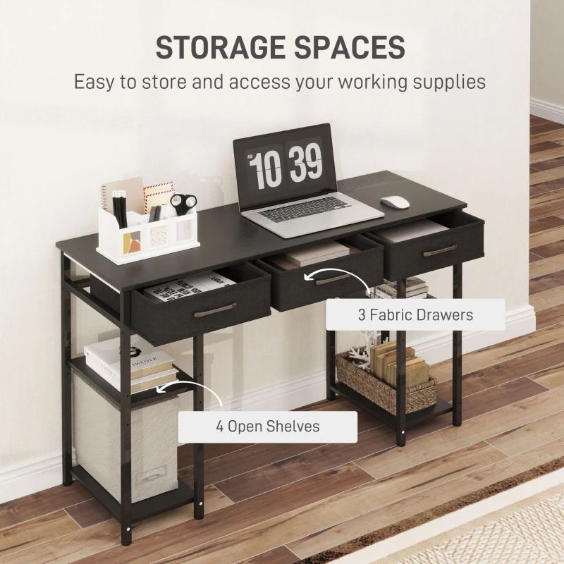 HOMCOM 47" Small Computer Desk, Writing Desk with Fabric Drawers, Home Office Desk with Adjustable Shelves, Black