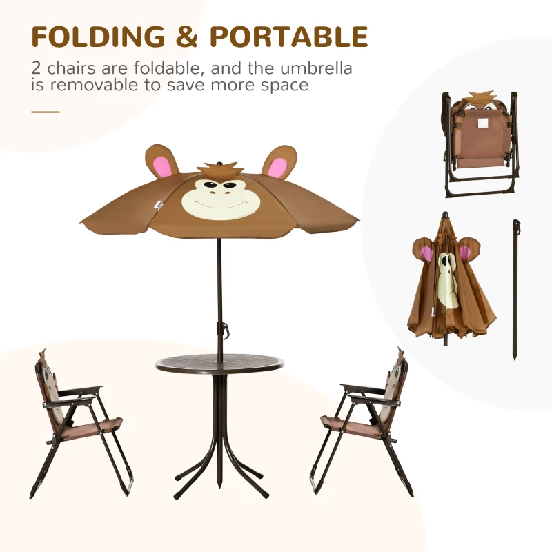 Outsunny Kids Table and Chair Set, Outdoor Folding Garden Furniture, Picnic Table for Patio Backyard, with Removable & Height Adjustable Sun Umbrella, Aged 3-6 Years Old, Brown