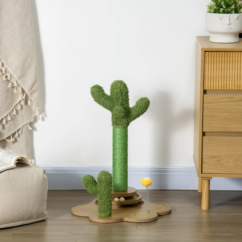 PawHut 23.5" Cactus Cat Scratching Post with Turntable Interactive Ball Toy, Cute Cat Scratching Post with Extreme Stability, Cactus Cat Tree for Indoor Cats