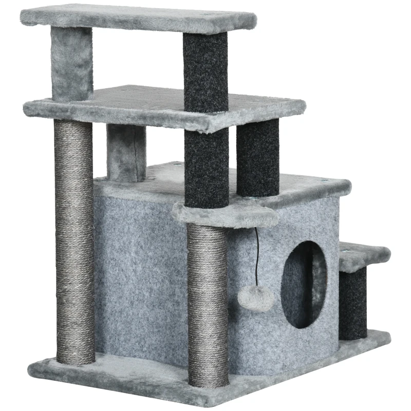PawHut Cat Stairs Pet Steps for Couch Bed with Scratching Posts Condo Ball Toy, 23.6" x 15.7" x 26", Grey