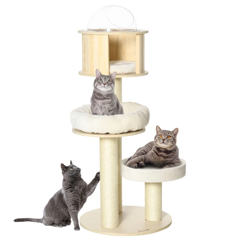 PawHut 55" Cat Tree, Wood Cat Tower for Indoor Cats with Scratching Post, Condo Bed, Natural