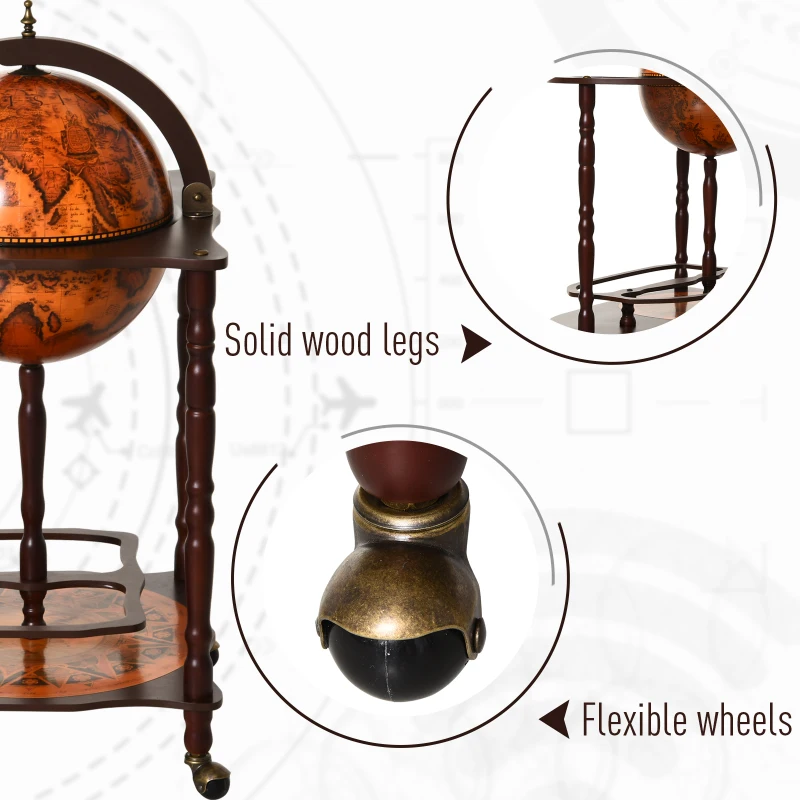HOMCOM Rolling 28" Globe Wine Bar Stand Wine Cabinet Bottle Shelf Holder Wine Host Trolley with Wheels for 18 Bottles, Brown