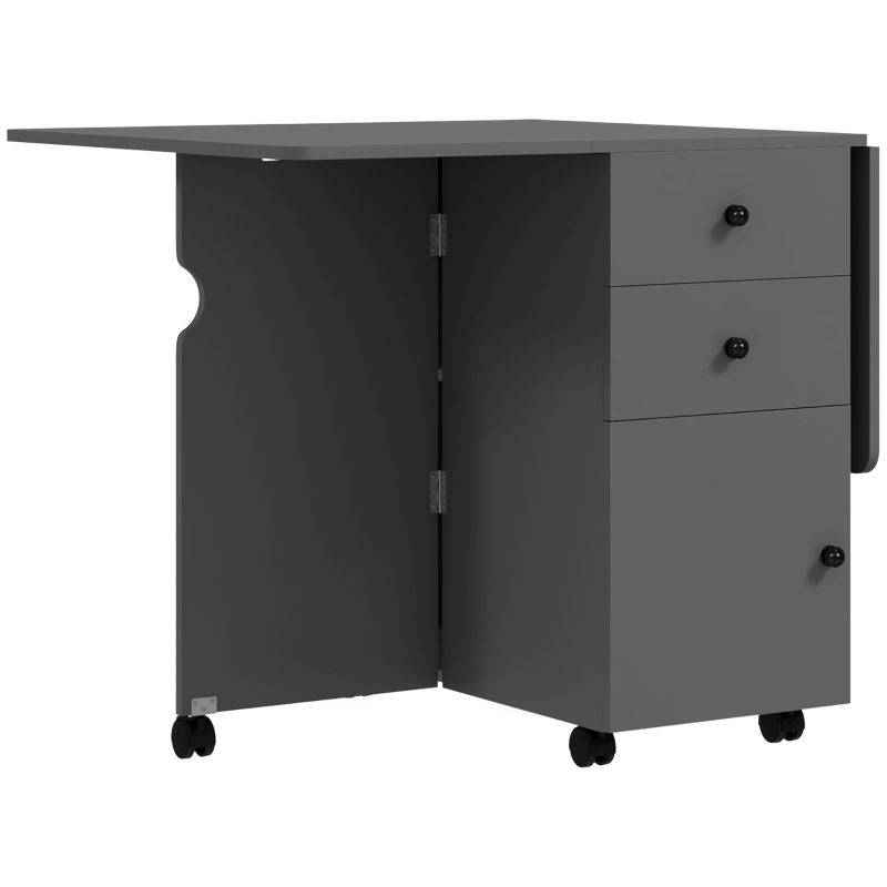 HOMCOM Extendable Dining Table, Drop Leaf Table with 2 Drawers, Cabinet and 6 Wheels for Small Spaces, Kitchen, Grey