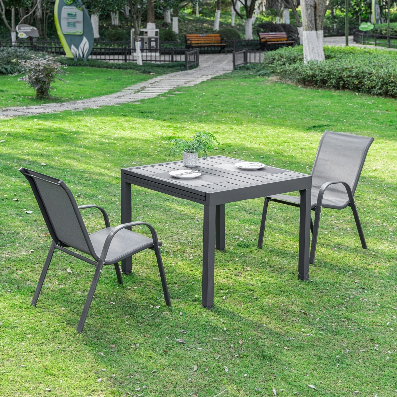 Outsunny Extendable Dining Table Metal Outdoor Slat Table for 4-6 Person Rectangular Lawn Garden Bistro Patio Table with Aluminum Frame, Grey