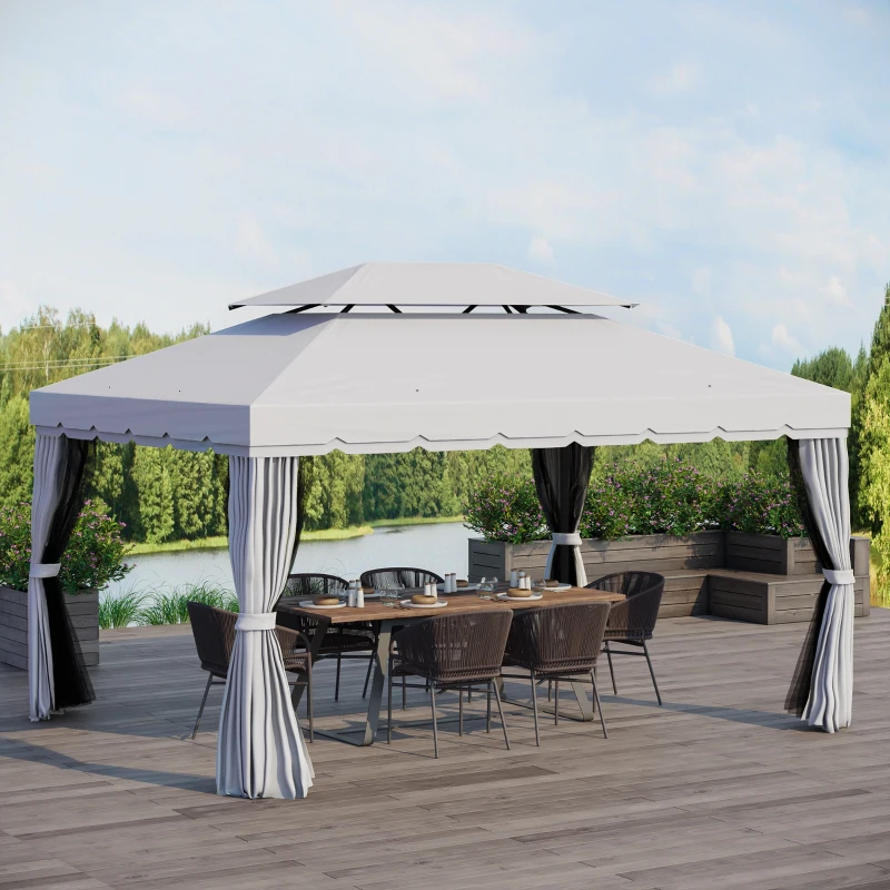 Outsunny 10' x 13' Patio Gazebo, Aluminum Frame Double Roof Outdoor Gazebo Canopy Shelter with Netting & Curtains, Light Gray