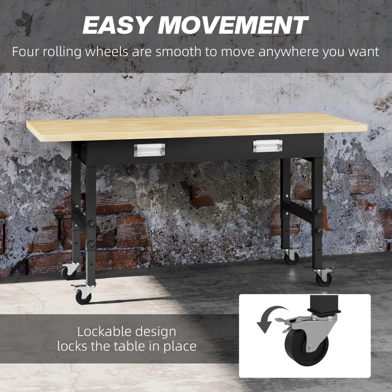 HOMCOM 59" Work Bench with Drawer, Height Adjustable Legs, Bamboo Tabletop Workstation Tool Table on Wheels for Garage, Weight Capacity 1320 Lbs, Black/Natural