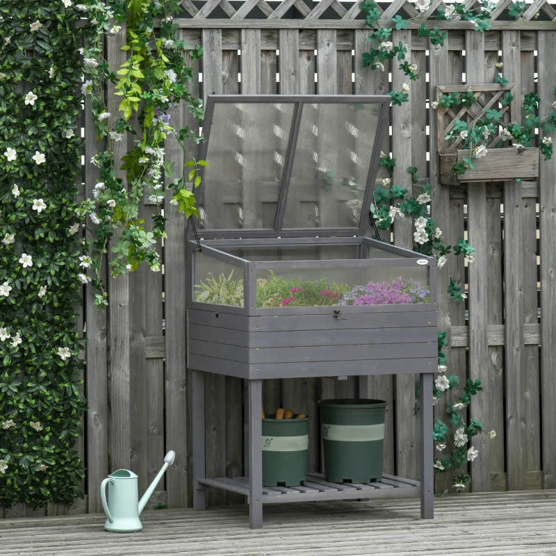 Outsunny Raised Garden Bed with Cold Frame Greenhouse, Grow Grids and Storage Shelf, Outdoor 2 Tiers Elevated Wood Planter Box for Herbs and Vegetables, Use for Patio, Backyard, Balcony