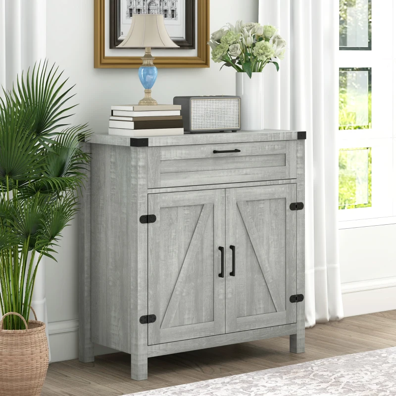 HOMCOM Modern Farmhouse Sideboard with Storage, Buffet Cabinet with 2 Barn Doors and Drawer for Dining Room, Gray